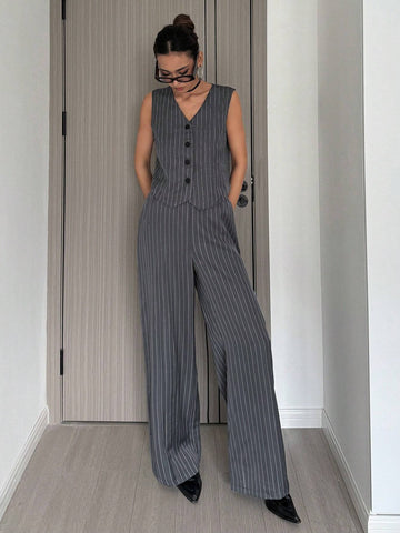 Women's Single-Breasted Striped V-Neck Vest And Wide-Leg Loose Trousers 2-Piece Set Commuting Elegant Trousers And Vest Suit Fall Women Clothes Black Two Piece Set
