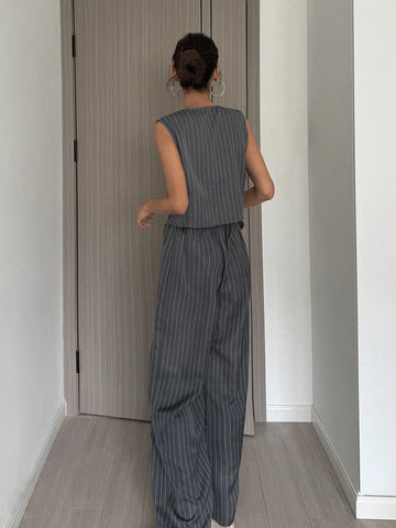 Women's Single-Breasted Striped V-Neck Vest And Wide-Leg Loose Trousers 2-Piece Set Commuting Elegant Trousers And Vest Suit Fall Women Clothes Black Two Piece Set