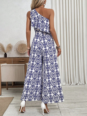 Women's Single Shoulder Sleeveless Jumpsuit With Ruffle Hem And All-Over Print
