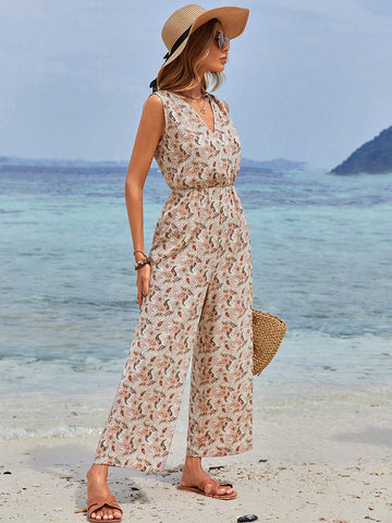 Women's Sleeveless Jumpsuit With Cashew Printing