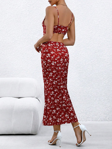 Women's Small Floral Print Spaghetti Strap Backless High Slit Fishtail Dress