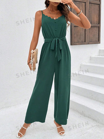 Women's Solid Color Arc Hem Sleeveless Jumpsuit