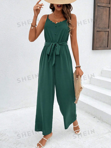 Women's Solid Color Arc Hem Sleeveless Jumpsuit