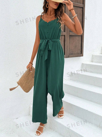 Women's Solid Color Arc Hem Sleeveless Jumpsuit
