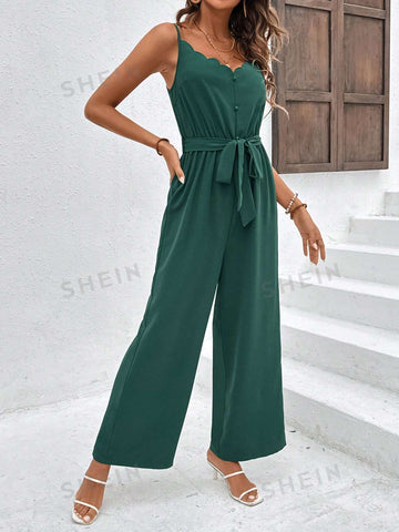 Women's Solid Color Arc Hem Sleeveless Jumpsuit