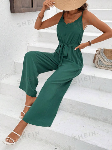 Women's Solid Color Arc Hem Sleeveless Jumpsuit
