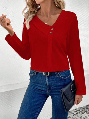 Frenchy Women's Solid Color Asymmetric Collar Long Sleeve Button Design Casual Blouse