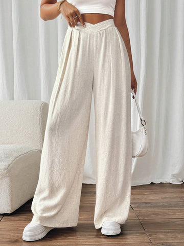 Frenchy Women's Solid Color Asymmetrical High Waist Wide-Leg Loose Casual Pants Linen Pants Old Money Outfits Fall Women Clothes Back To School Clothes Teacher Outfits 4th Of July Clothes Frenchies Pants Commute Minimalist Office Old Money Simple
