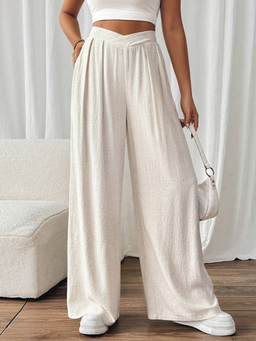 Frenchy Women's Solid Color Asymmetrical High Waist Wide-Leg Loose Casual Pants Linen Pants Old Money Outfits Fall Women Clothes Back To School Clothes Teacher Outfits 4th Of July Clothes Frenchies Pants Commute Minimalist Office Old Money Simple