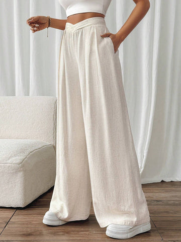 Frenchy Women's Solid Color Asymmetrical High Waist Wide-Leg Loose Casual Pants Linen Pants Old Money Outfits Fall Women Clothes Back To School Clothes Teacher Outfits 4th Of July Clothes Frenchies Pants Commute Minimalist Office Old Money Simple