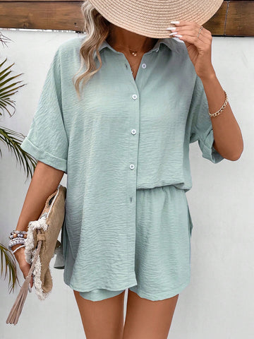 Women's Solid Color Batwing Sleeve Shirt And Shorts Set