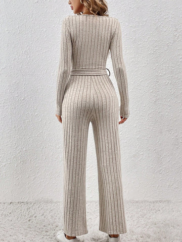 Women's Solid Color Boat Neck Ruffle Pleated Jumpsuit With Wide Leg Design