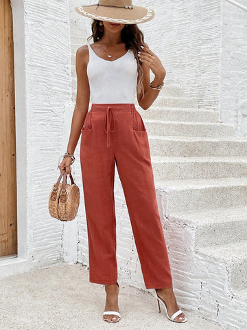 Frenchy Women's Solid Color Casual Trousers With Double Pockets