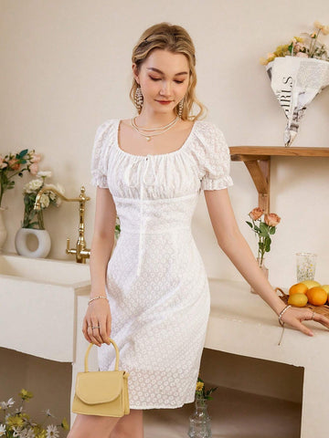 Women's Solid Color Embroidery Detailing Tie Strap Bubble Sleeves Dress