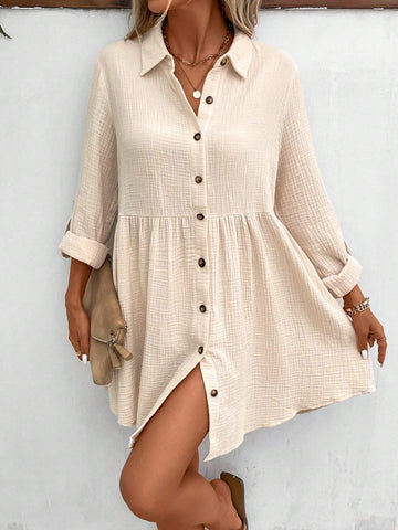 Women's Solid Color Front Button-Up Rolled Sleeve Dress