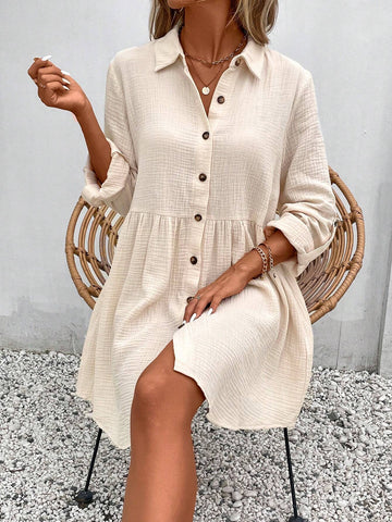 Women's Solid Color Front Button-Up Rolled Sleeve Dress