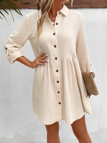 Women's Solid Color Front Button-Up Rolled Sleeve Dress