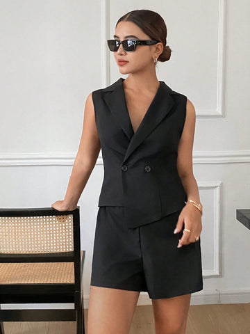 Women's Solid Color Front Button Sleeveless Simple Casual Jumpsuit,Black Solid Color Fake Two-Piece Jumpsuit, Suit Top And Shorts Fake Two-Piece Combination, Elegant For Commuting, Old Money Style