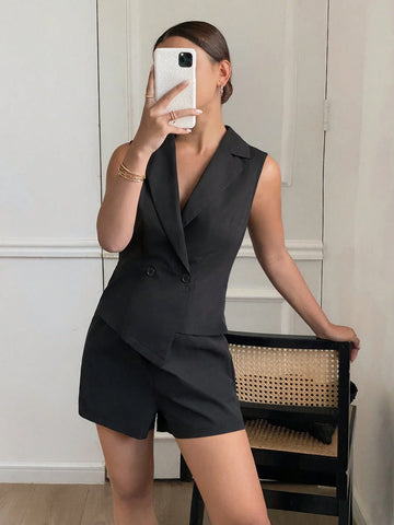 Women's Solid Color Front Button Sleeveless Simple Casual Jumpsuit,Black Solid Color Fake Two-Piece Jumpsuit, Suit Top And Shorts Fake Two-Piece Combination, Elegant For Commuting, Old Money Style