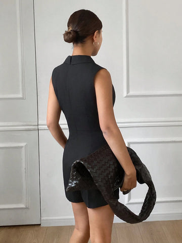 Women's Solid Color Front Button Sleeveless Simple Casual Jumpsuit,Black Solid Color Fake Two-Piece Jumpsuit, Suit Top And Shorts Fake Two-Piece Combination, Elegant For Commuting, Old Money Style