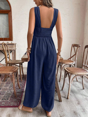 Women's Solid Color Front Tie Wide Leg Loose Casual Jumpsuit