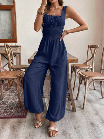 Women's Solid Color Front Tie Wide Leg Loose Casual Jumpsuit