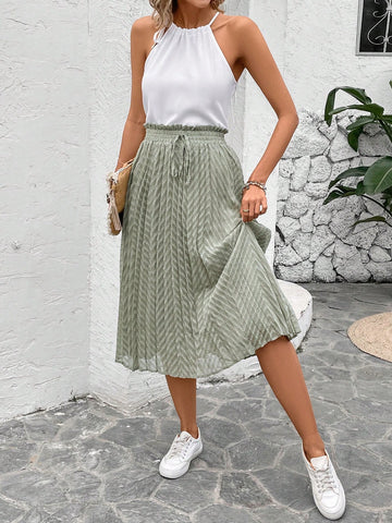 Women's Solid Color Halter Top & Pleated Skirt Two Piece Set