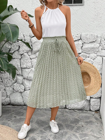 Women's Solid Color Halter Top & Pleated Skirt Two Piece Set
