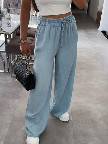 Frenchy Women's Solid Color High Waist Tie-Belt Wide Leg Loose Casual Long Airport Outfit Pants With Pockets