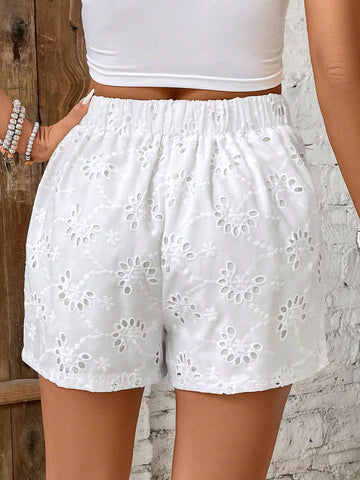 Frenchy Women's Solid Color Hollow Embroidery Wrap Simple Casual Shorts