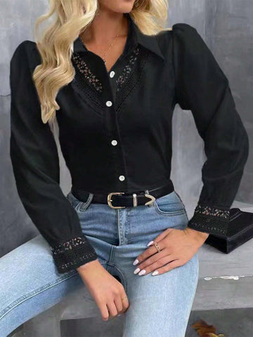 Frenchy Women's Solid Color Lace Contrast Front Button Long Sleeve Shirt