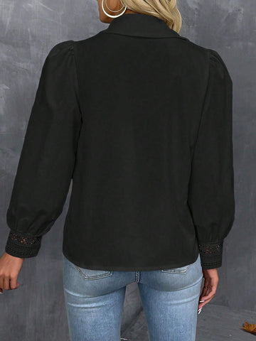 Frenchy Women's Solid Color Lace Contrast Front Button Long Sleeve Shirt