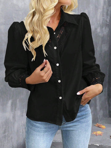 Frenchy Women's Solid Color Lace Contrast Front Button Long Sleeve Shirt