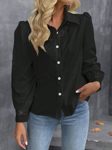 Frenchy Women's Solid Color Lace Contrast Front Button Long Sleeve Shirt