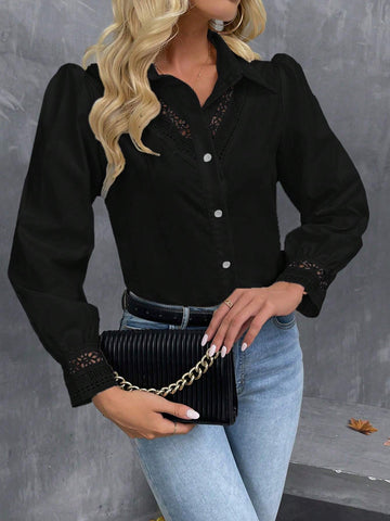Frenchy Women's Solid Color Lace Contrast Front Button Long Sleeve Shirt