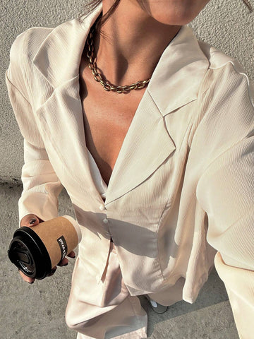 Frenchy Women's Solid Color Lapel Neck Long Sleeve Single-Breasted Casual Shirt, Autumn,Long Sleeve Shirt