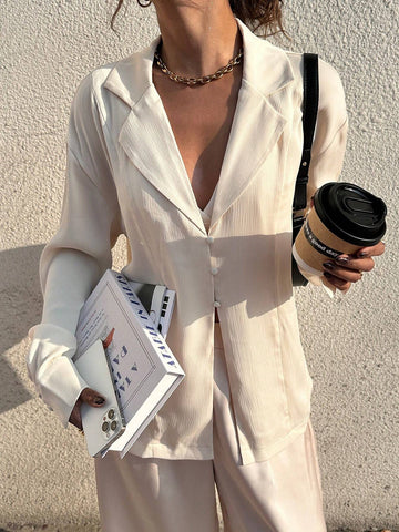 Frenchy Women's Solid Color Lapel Neck Long Sleeve Single-Breasted Casual Shirt, Autumn,Long Sleeve Shirt