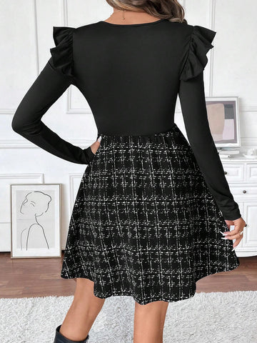 Women's Solid Color Patchwork Round Neck Long Sleeve Casual Short Dress