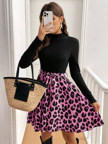 Women's Solid Color Patchwork Stand Collar Long Sleeve Front Tie Simple Casual Short Dress