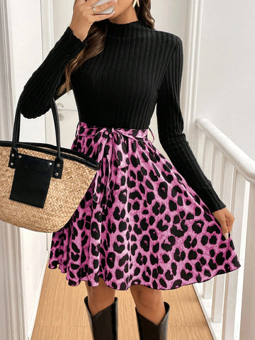 Women's Solid Color Patchwork Stand Collar Long Sleeve Front Tie Simple Casual Short Dress