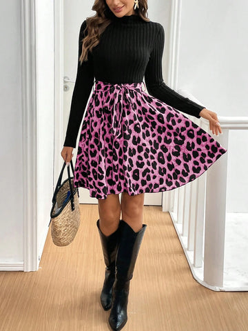 Women's Solid Color Patchwork Stand Collar Long Sleeve Front Tie Simple Casual Short Dress