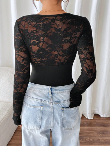 Women's Solid Color Ruffle Trim Long Sleeve Slim Fit Bodysuit, Casual Daily Wear