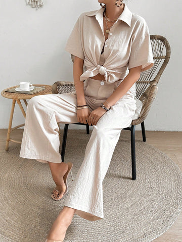 Women's Solid Color Short Sleeve Shirt, Spaghetti Strap Tank Top And Pants Set