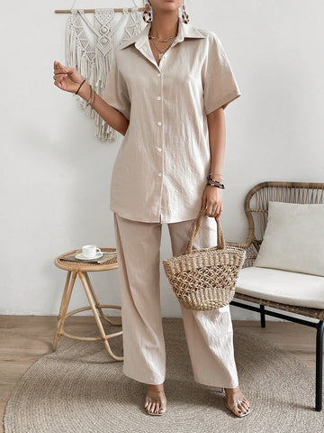 Women's Solid Color Short Sleeve Shirt, Spaghetti Strap Tank Top And Pants Set