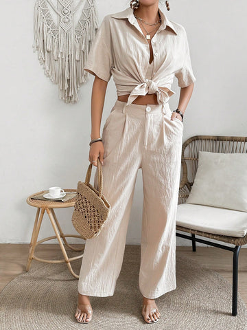 Women's Solid Color Short Sleeve Shirt, Spaghetti Strap Tank Top And Pants Set