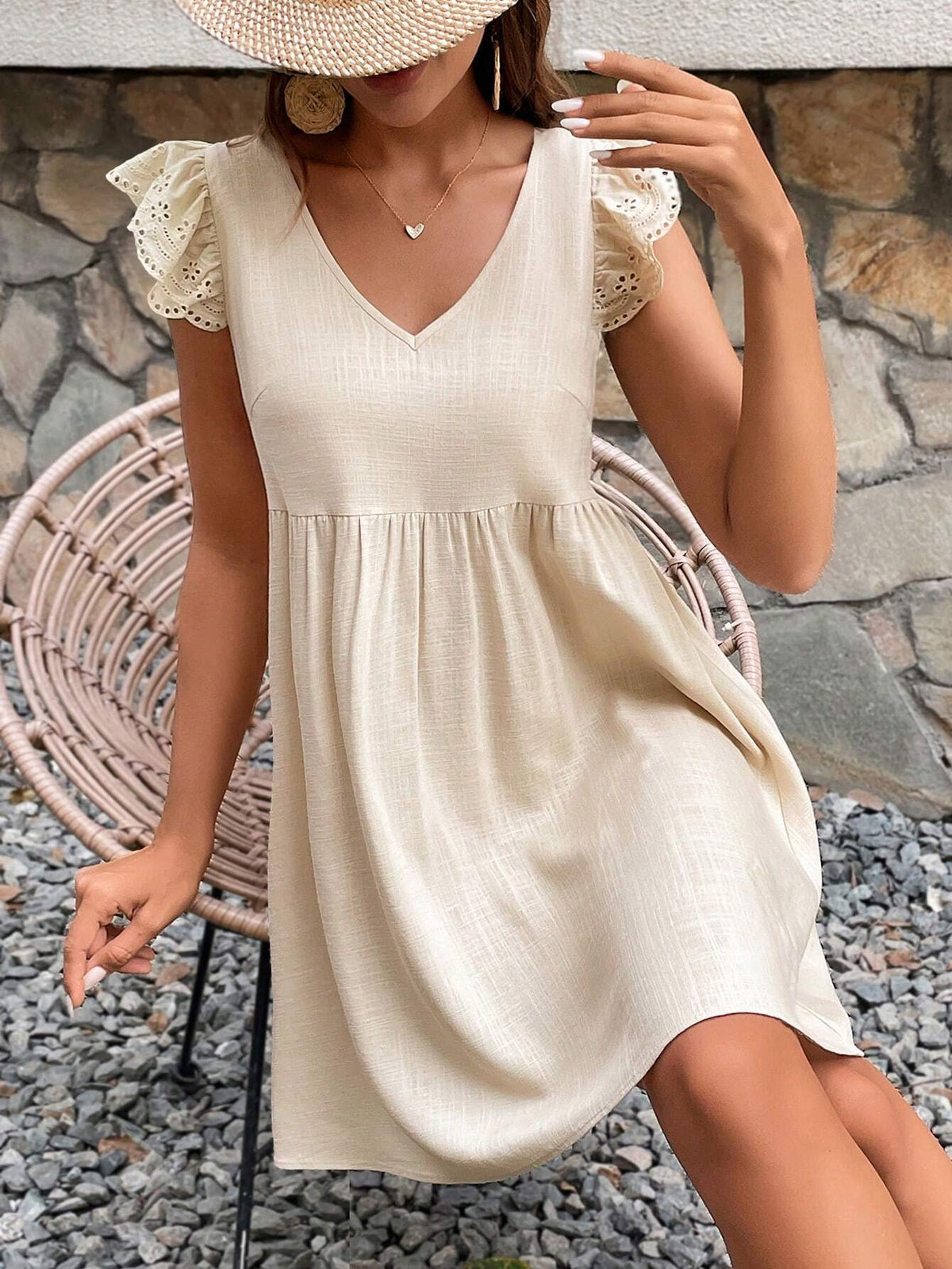 Women's Solid Color Simple Daily Dress Linen Dress Apricot Babydoll Dress Embroidered Ruffle