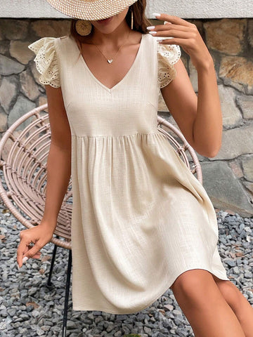 Women's Solid Color Simple Daily Dress Linen Dress Apricot Babydoll Dress Embroidered Ruffle
