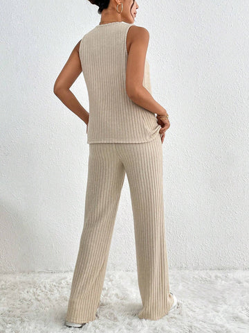 Women's Solid Color Simple Daily Wear Sleeveless Top And Long Pants Two Piece Set