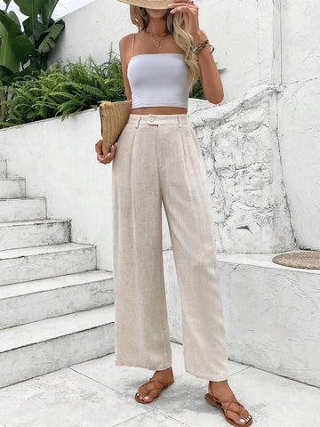 Frenchy Women's Solid Color Simple Daily Wearold Money Style Linen Long Pants Earthy Clothes Commute Minimalist Office Old Money Simple