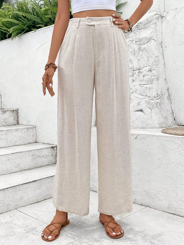 Frenchy Women's Solid Color Simple Daily Wearold Money Style Linen Long Pants Earthy Clothes Commute Minimalist Office Old Money Simple